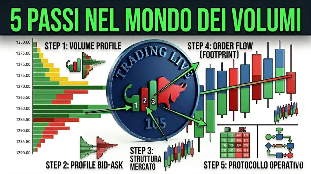 Infografica i 5 passi nel mondo dei volumi: Volume Profile, Profile Bid-Ask, Struttura Mercato, Order Flow e Protocollo Operativo - TradingLive105.