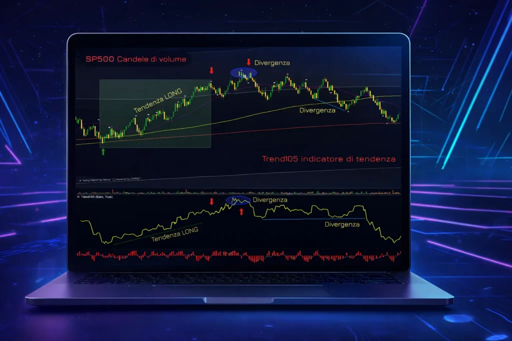 Interfaccia dell'indicatore Trend105 su piattaforma ATAS con analisi di Prezzo, Volume e Delta.