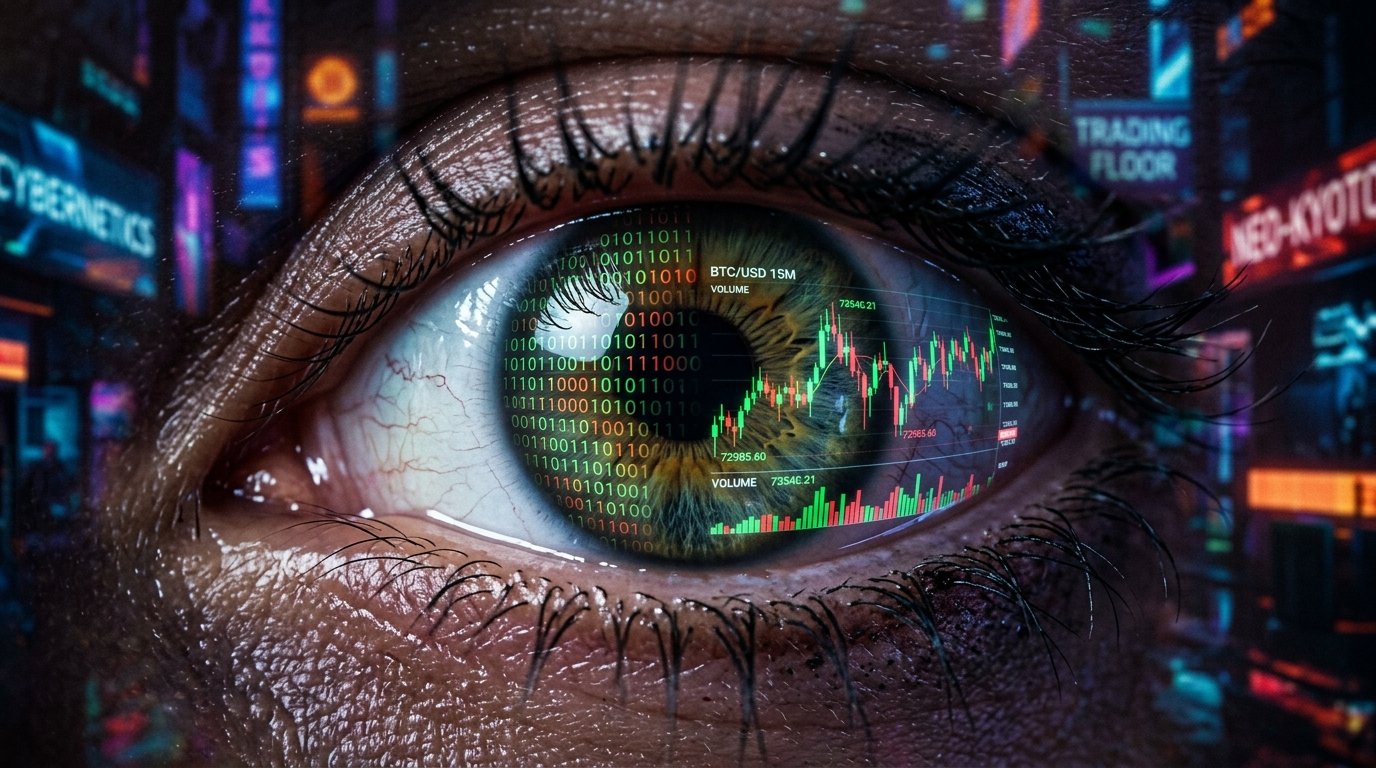Primo piano macro di un occhio umano che riflette grafici di trading finanziario, dati binari e uno sfondo cyberpunk futuristico.