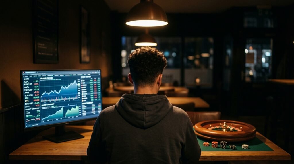 Un giovane con felpa scura siede di spalle davanti a un computer che mostra grafici di borsa in una stanza buia, con una roulette e fiches da casinò posizionate sul tavolo accanto a lui.