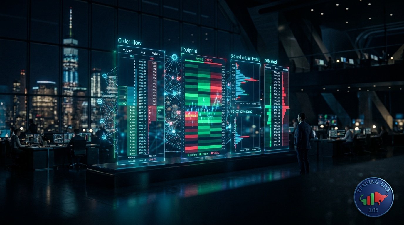 Trading floor istituzionale con ologrammi di Order Flow, Footprint e Intelligenza Artificiale - Trading Live 105