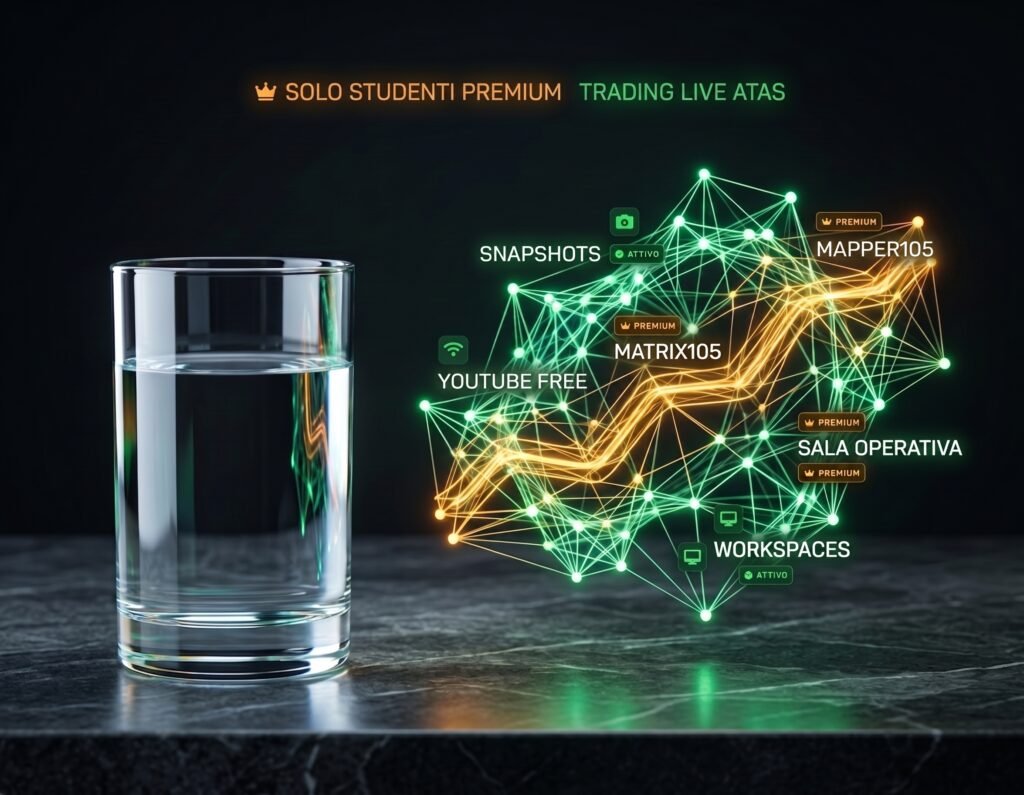 Concept del paradosso del valore nel trading: un semplice bicchiere d'acqua affiancato a un ecosistema tecnologico avanzato di TradingLive105, con nodi di rete che mostrano strumenti professionali come Mapper105, Matrix105, la Sala Operativa e le risorse gratuite YouTube Free. Rappresentazione del divario tra formazione di base e dati istituzionali.